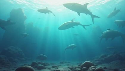 Fototapeta premium Underwater spectacle A school of sharks in the depths of the ocean