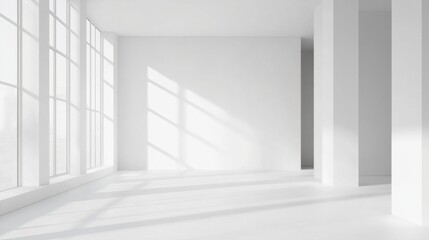 White minimalist office interior with a blank wall designed for business presentations and layout displays.
