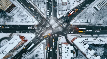 Aerial View of Snowy Intersection
