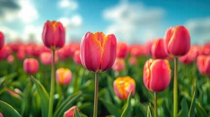 Vibrant Tulip Field Under Bright Blue Sky