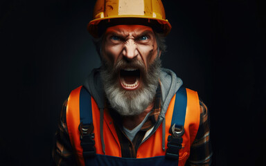 Obraz premium An angry construction worker in a hard hat is screaming