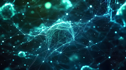 Obraz premium abstract blue green technology background with a cyber network grid and connected particles artificial neurons global data connections .stock immage