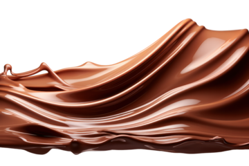 A cascading wave of milk chocolate creating a dynamic splash with smooth, glossy texture isolate on white background.