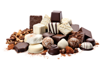 A close-up of an assortment of high-end chocolates, including dark, milk, and white varieties, with a focus on their rich textures and unique toppings, isolated on a white background.