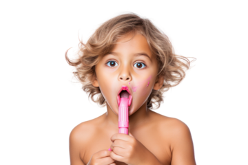A child wearing a playful expression while applying lipstick with concentration isolated on white background