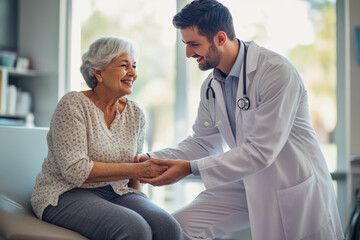 Obraz premium Doctor Comforting Senior Patient During Medical Consultation Caring doctor holding hands with a smiling senior patient during a consultation, symbolizing compassionate healthcare and elderly care