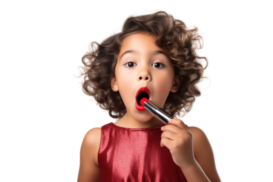 A child wearing a playful expression while applying lipstick with concentration isolated on white background - Powered by Adobe