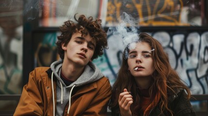 Obraz premium A couple sitting together on a bench, enjoying a smoke