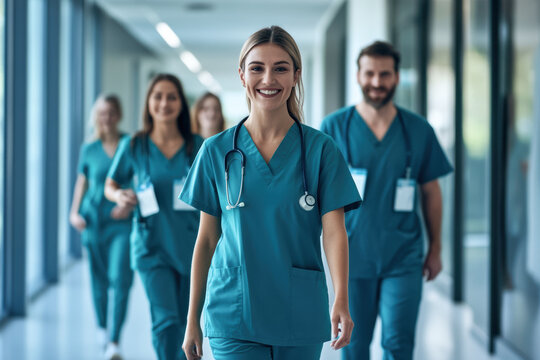 Smiling Medical Team Walking Down Hospital Corridor in Scrubs A group of cheerful healthcare professionals in teal scrubs walking confidently through a hospital corridor, promoting teamwork and health