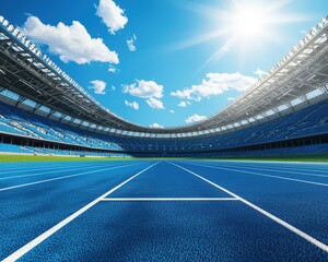 A vibrant athletic stadium featuring a blue track under a bright sunny sky, ideal for sports, outdoor events, and athletic competitions.
