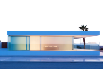 A contemporary blue house featuring a flat roof and minimalist architecture, isolated against a clean white background.