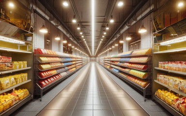 There is a lengthy aisle of a grocery store that is filled to the brim with a wide variety of products for customers to choose from