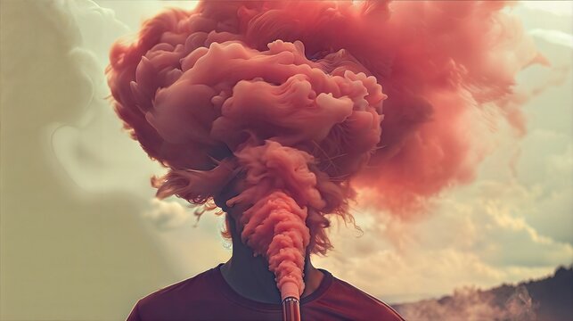 Person with Colorful Smoke Cloud Head in Surreal Outdoor Setting - Powered by Adobe
