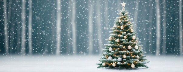 Snowy forest backdrop with a beautifully decorated Christmas tree as the focal point