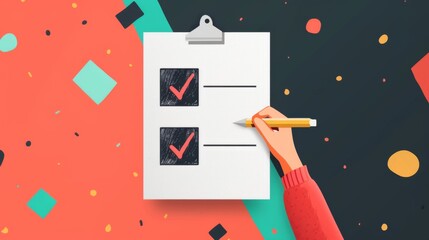Hand actively marking items, making choices, leaving a vote on a list against a bright background of geometric shapes and colors, preparing for an important task or event
