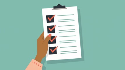 A hand holds a list of tasks marked off, illustrating organisation and productivity in a work environment. 