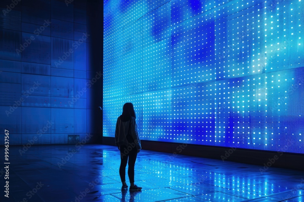 Poster A person standing in front of a large screen with information and data displayed