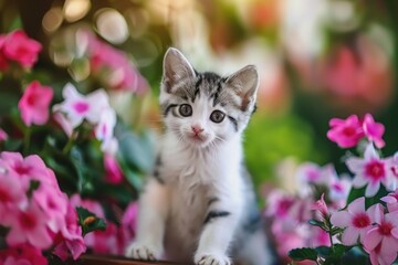 A tiny kitten sitting comfortably in a colorful flower pot, perfect for pet or nature-themed designs