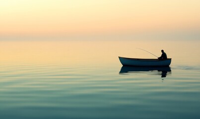 Obraz premium Solitary fisherman in a boat on calm water.