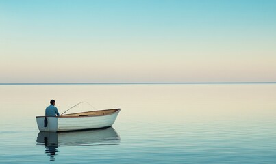 Fototapeta premium Man fishing alone in a boat on calm water.