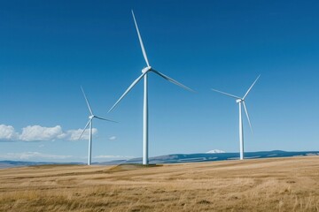 Three wind turbines against a clear blue sky with rolling hills in the background, surrounded by golden grasslands