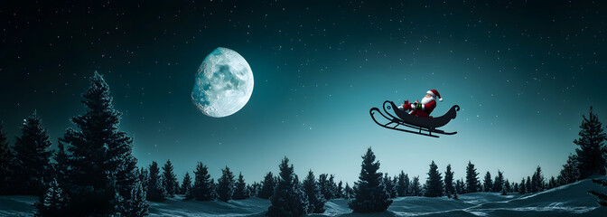 Naklejka premium Panoramic of Santa Claus flying in his sleigh over the moon