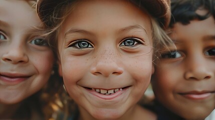 A close-up of three diverse children, faces close