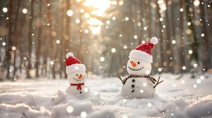 Obraz premium View of a couple of snowmen in a santa hats on their heads in a winter forest holiday christmas background