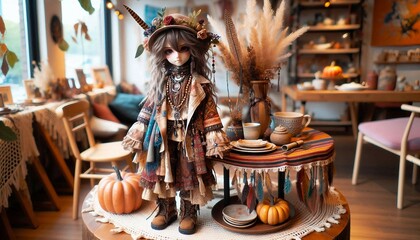 A detailed bohemian-style doll displayed in a warm and cozy autumn-themed home interior with pumpkins and rustic decorations, creating a serene and artistic atmosphere.

