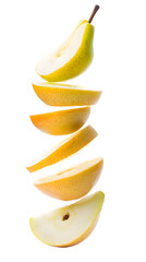 Fresh ripe pears falling isolated on transparent background