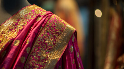 Closeup of a pink and gold sari draped on a mannequin.