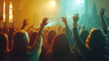 Group of people standing outside a church building with architecture features, may be used for public gatherings or community events