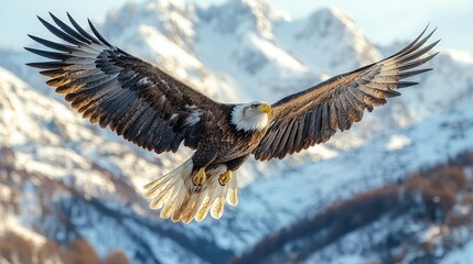 Obraz premium Majestic Bald Eagle in Mid-Flight Over Snowy Mountains