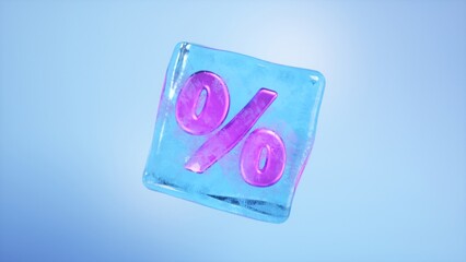 Icy 3d rendering of a pink percentage symbol trapped in a clear ice block, displayed on a blue backdrop, symbolizing the idea of frozen finances or a decrease in worth
