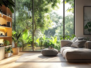 A modern living room with large windows overlooking a lush green garden. A plush sofa and a round ottoman are placed on a light rug in front of the windows.