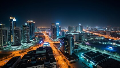 Obraz premium Vibrant cityscape at night illuminated by bright lights and bustling streets