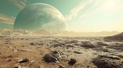 View of the surface of another planet alien planet scenery and faraway globe scene