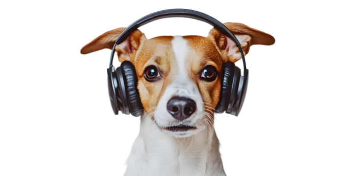 Portrait of dog with headphones isolated on transparent background