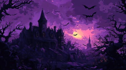 Spooky Halloween night illustration with haunted house, dark sky, and full moon