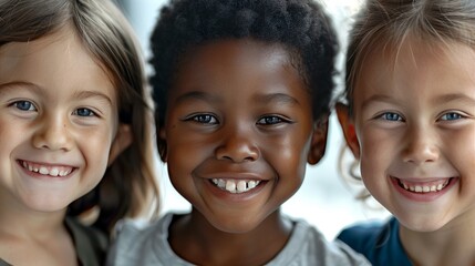 A close-up photo of three diverse children, smiling joyfully