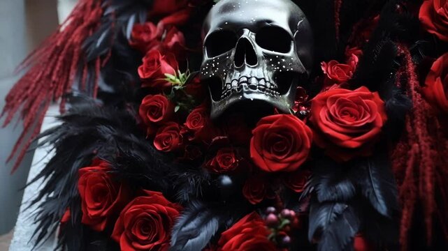 Black skull with rhinestones surrounded by red roses, black feathers, and christmas ornaments, creating a dark and romantic christmas atmosphere