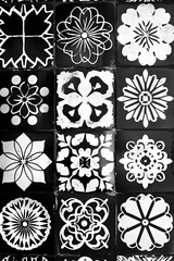Explore a wide range of black and white geometric patterns featuring symmetrical designs, perfect for contemporary backgrounds, illustrations, and graphic design projects