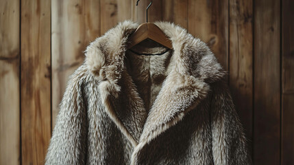 Close-up of a luxurious faux fur coat hanging on a wooden hanger.