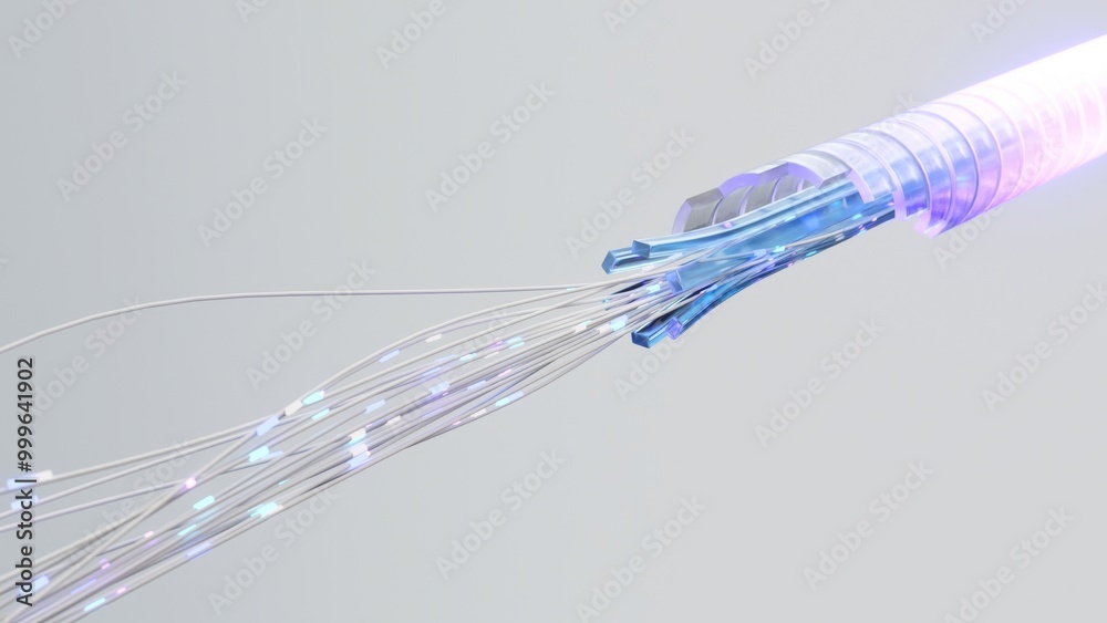 Fototapete 3d rendering of a fiber optic cable bursting with data, transmitting light pulses as a representatio