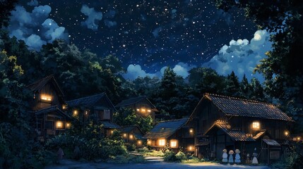 Village under a starry sky, a quaint village illuminated by the soft glow of lanterns
