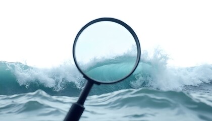 Marine research and ocean exploration represented by a magnifying glass over the sea isolated on a white background
