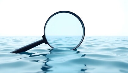 Marine research and ocean exploration represented by a magnifying glass over the sea isolated on a white background