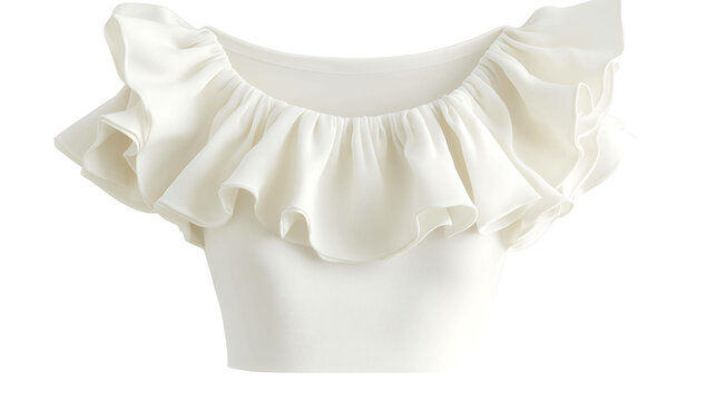 A white crop top with a large ruffle around the neckline.