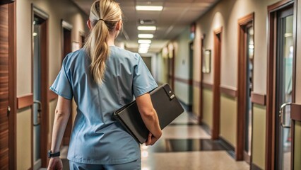 back view of female nurse walking in hospital hallway, wearing blue medical uniform and carrying clipboard