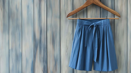 Blue shorts with a bow hanging on a wooden hanger against a wooden background.